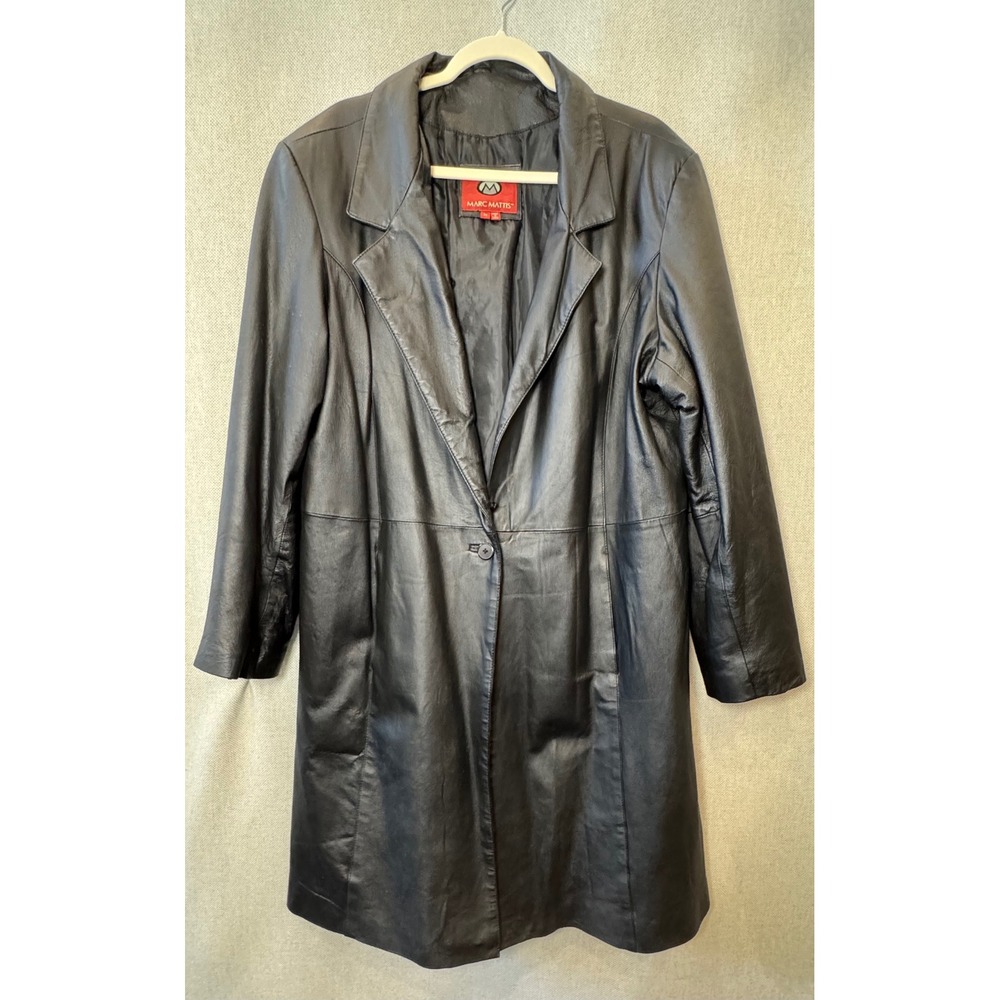 Marc Mattis Womens Black Leather Trench Coat Jacket Plus Size 2X Mid Length